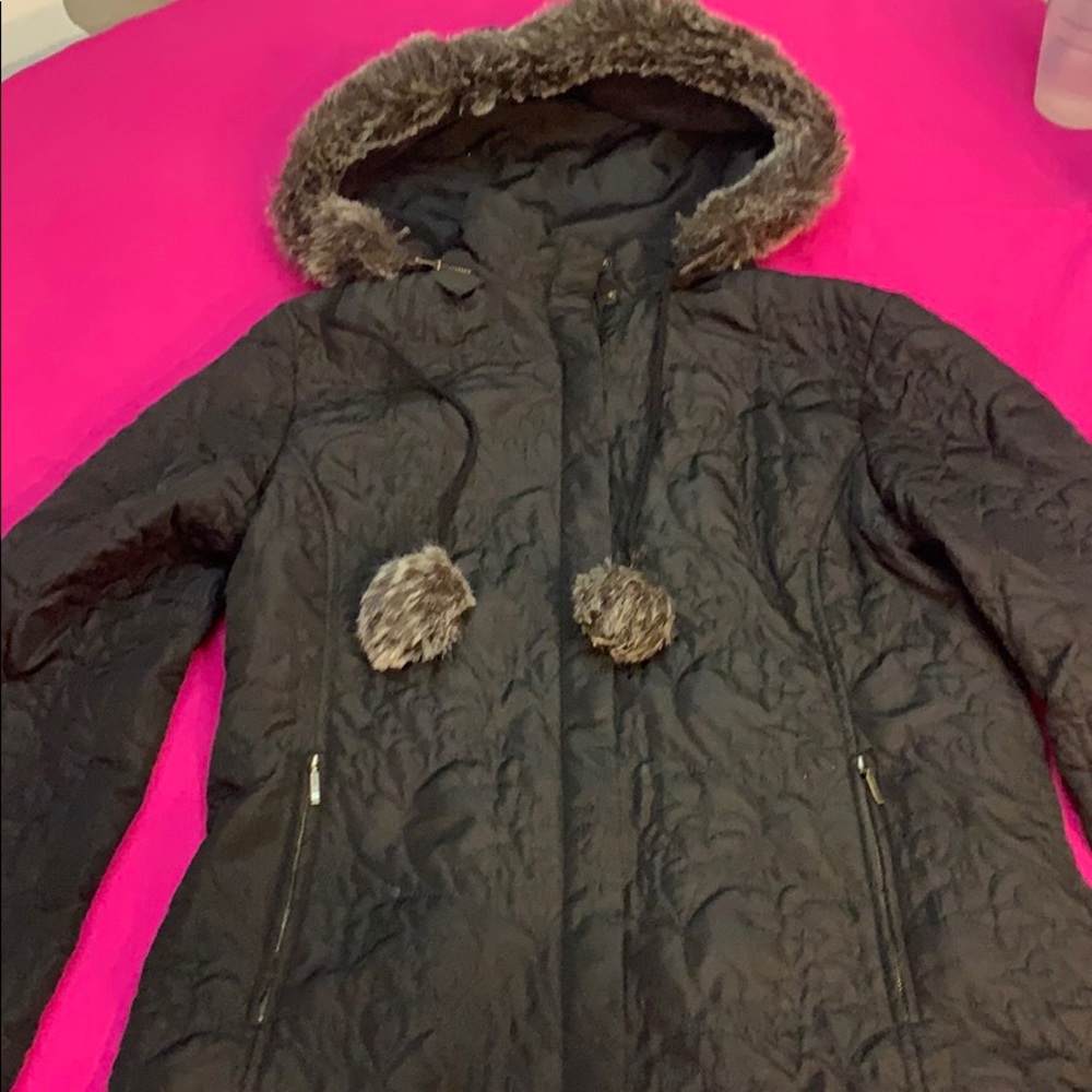 Cabi hooded black fur lined coat